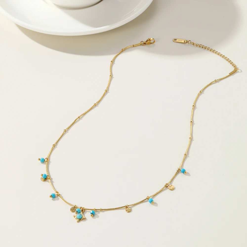 YACHAN 18K Gold PVD Plated Stainless Steel Chain Necklace for Women Turquoise Natural Stone Round Tap Texture Waterproof Jewelry