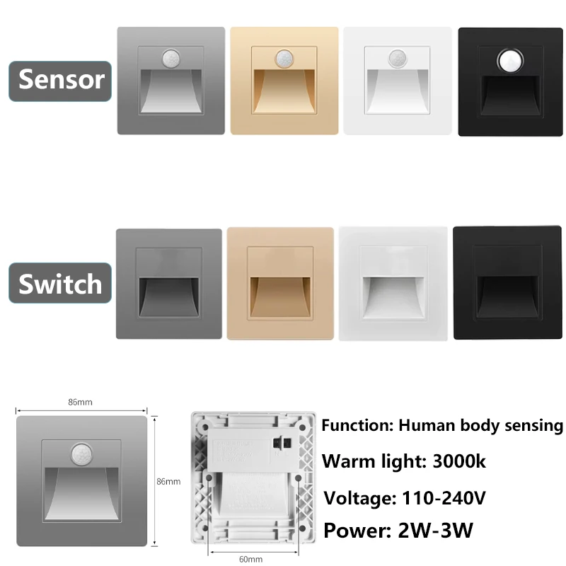 PIR Motion Detector Light Sensor led lights AC 110V-240V Recessed staircase bedroom wall lamp led night light