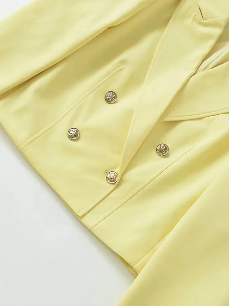 Moda outerwear feminino duplo breasted manteiga amarelo recortado blazer casaco manga longa chique gola de lapela superior