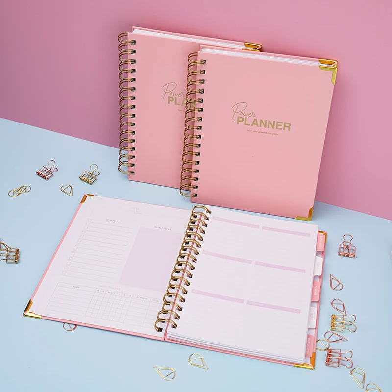 Caderno espiral rosa com logotipo personalizado, semanalmente, mensalmente, agenda, objetivo, diário, diário, planejador, agenda, OEM, A5, 2024-2025