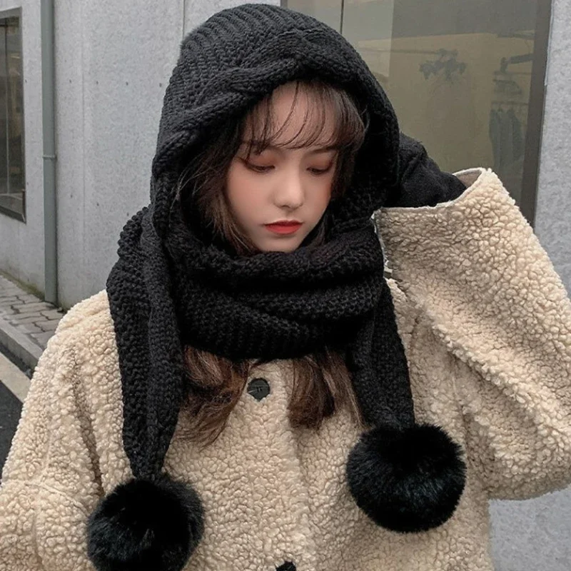 Women Korean Hooded Scarf Winter Hats Woman Cold Protection Warm Scarf Hat Cute Fur Ball Ear Protection Thickened Knitted Hat