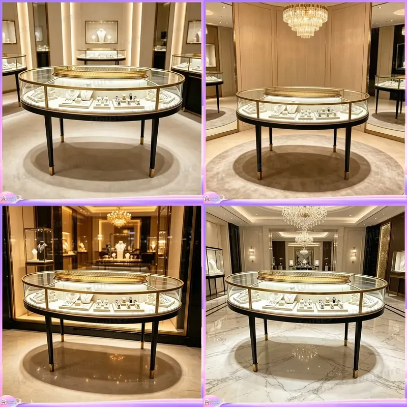 Luxury Oval Glass Jewelry Display Cabinet Stainless Steel Lighted Showcase Gold Black Island Style Storage Organizer Custom