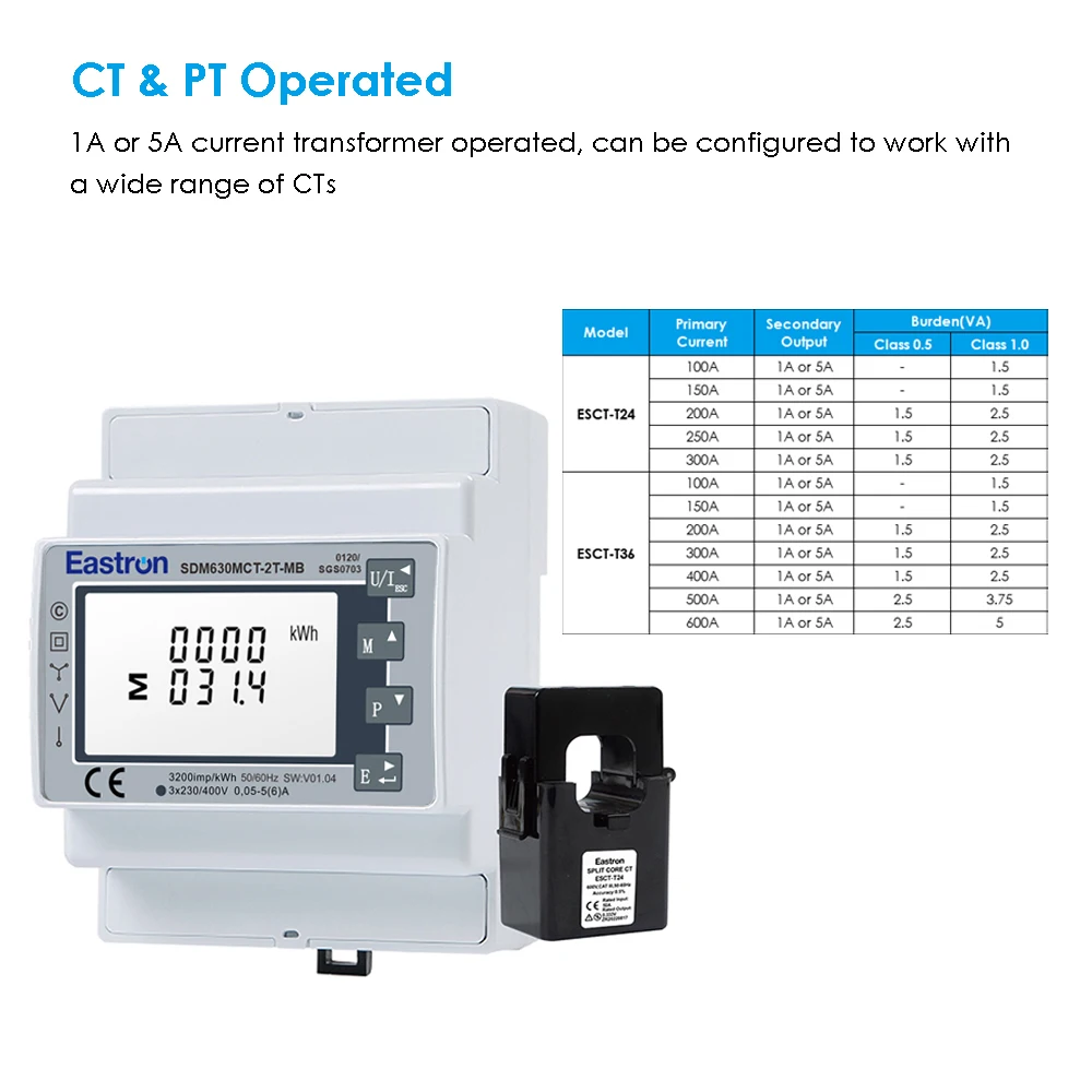 Eastron SDM630MCT-2T-MB الفئة C دقة CT & PT تعمل صناعة قياس الكهرباء 3P4W Mbus DIN السكك الحديدية السلطة متر