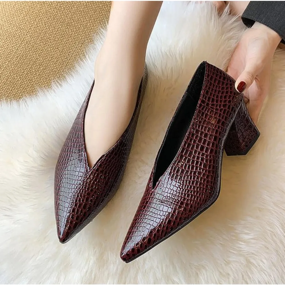 Designer Vintage Black Soft Leather Shallow Pointed Toe Thick Heel Pumps Women's High Heel Shoe Dress Wedding Shoes