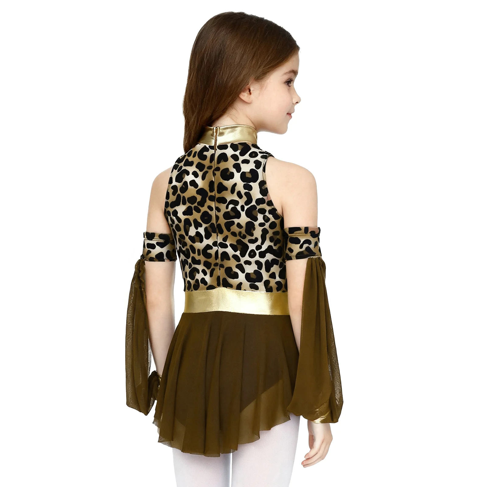 Girls Prehistoric Cave Stone Primitive Carnival Cosplay Costume Leopard Print Metallic Glossy Dress And Matched Oversleeves