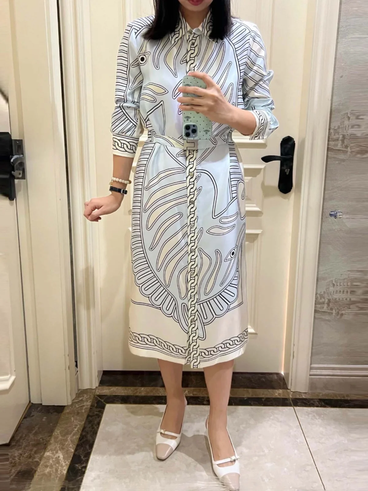 

Ele Knowlable American Light Luxury Tori Plant Patterned Zebra Print irt Sle Waist Cinched Dr Spring Summer Ne...