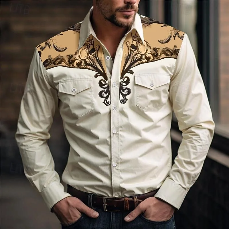 

New Men's Long Sleeve Shirt 3D Vintage Print Casual Fashion Western Style Cowboy Style Men's Flap-Collar Shirt