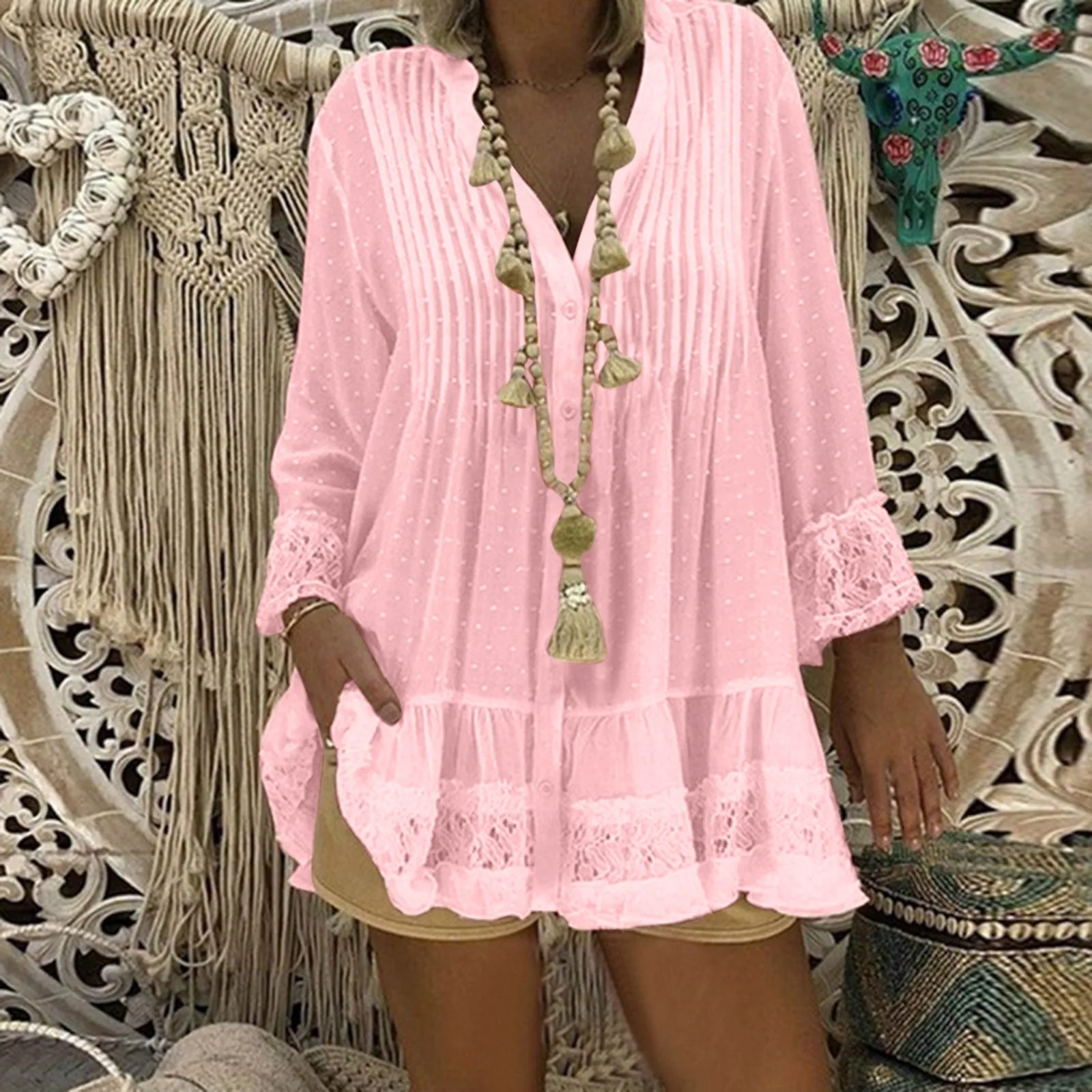 Boho Woman Plus Size Blouse Shirt Chiffon Top Button Pullover Short Sleeve V Neck Vintage Female Clothes Blusas Summer 2024