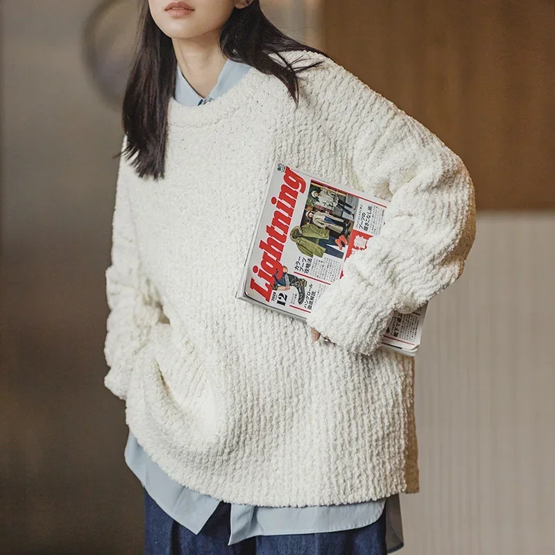 Maden Sweater rajut wanita, baju hangat kerah bulat krem, Sweater musim gugur dan musim dingin, Pullover lembut dan nyaman