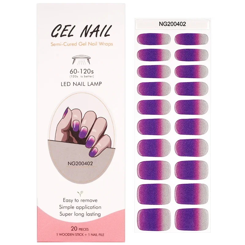 18/20Tips Gradient Semi-Cured Nail Wraps Simple Color Adhesive Waterproof Gel Nails Stickers set for UV Lamp Need Manicure