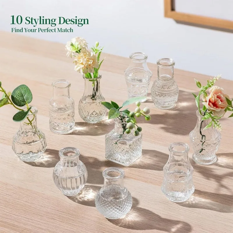 

Vintage Relief Mini Glass Vase European Decorative Small Vase Set Elegant Crystal Transparent Vase, 10PSC/Set
