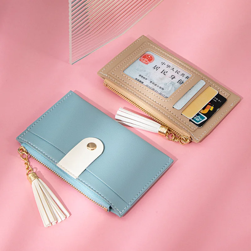 Korean Version Multi-compartment Ladies Card Holder PU Leather Contrast Tassel Mini Purse with Snap Female Fresh Wallets