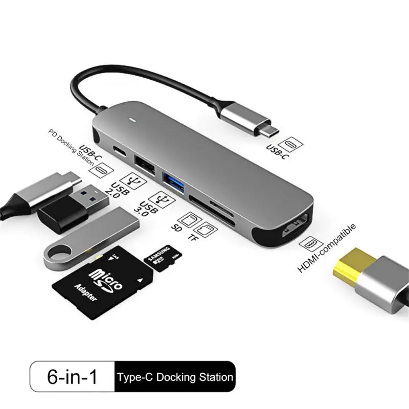 Multi Splitter Adapter Pd 60w 5gpbs High Speed Pc Hub Otg Adapter Usb Hub 3.0 For Macbook 13/15 Air New Type-c Hub 6 In 1