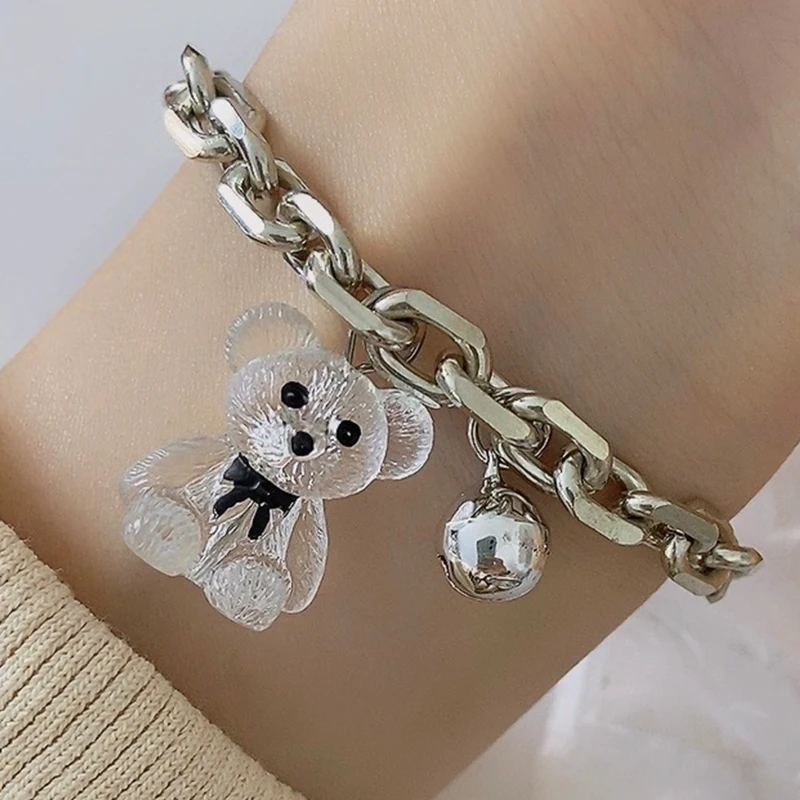 Women Trendy Transparent Bear Bracelet Sliver Color Charm Pendant Bracelets Cartoon Texture Bear Hand Chain Bangle Jewelry Gift