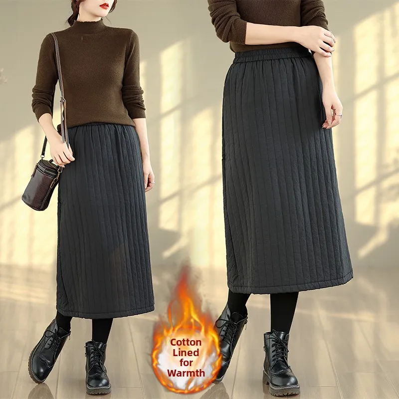 Warmer Baumwoll-F-Rock mit vertikalen Streifen, A-Linien-Midirock, reine Farbe, Winter Faion Pred Line Commute Sle Damen-S...