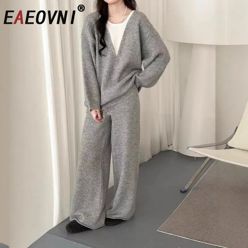 

EAEOVNI, осенне-зимний новый вязаный комплект из 2 предметов, женский пуловер с круглым вырезом, свитер, широкие брюки, повседневная новая одежда 2026 г.