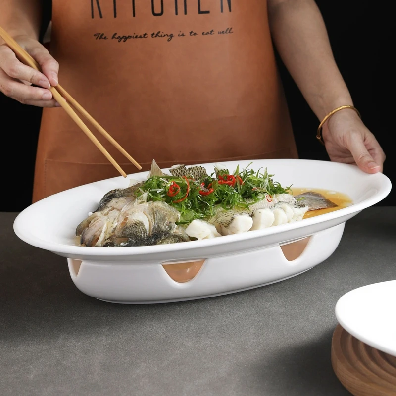 Plato de Cerámica para Pescado, Forma Ovalada, Especial para Restaurantes, Plato para Pescado al Vapor con Aislento Térmic...