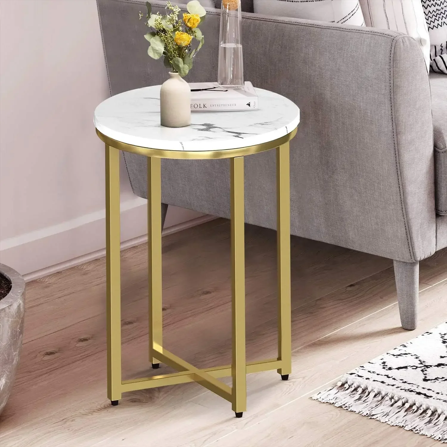 Round Side Table Metal Small Coffee Table Faux Marble Round End Table Nightstand for Living Room Bedroom Balcony Office