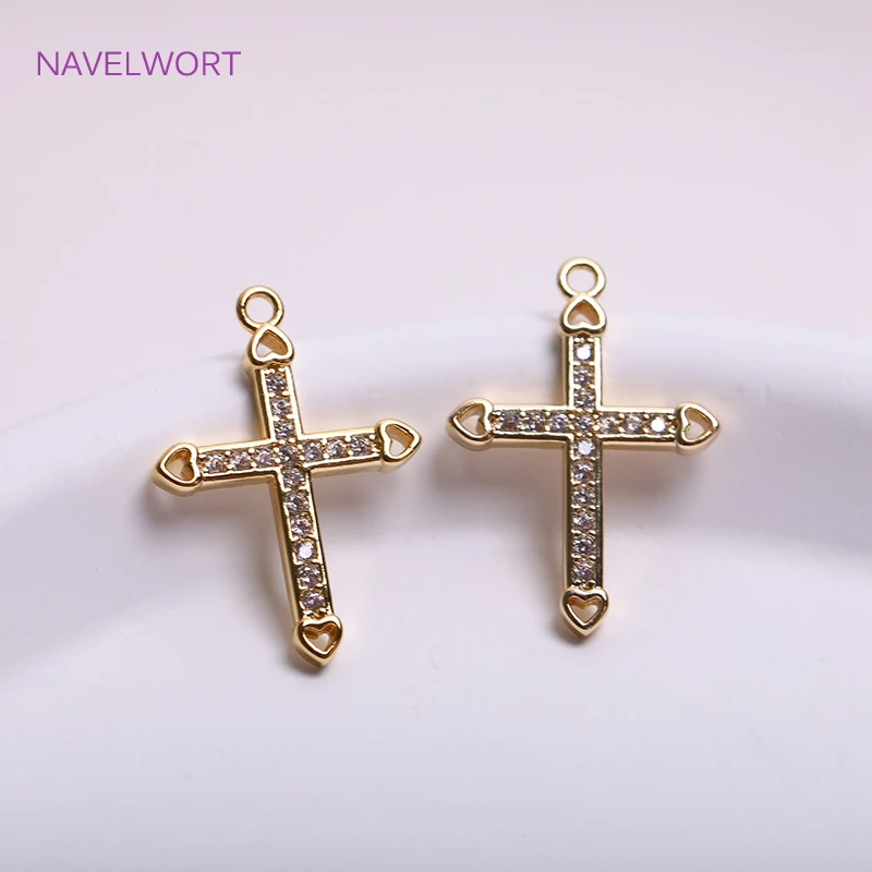 14K Gold Plated Inlaid Zircon Earrings Crosses,Charms For Jewelry Making,Brass Metal Cross Pendants Wholesale