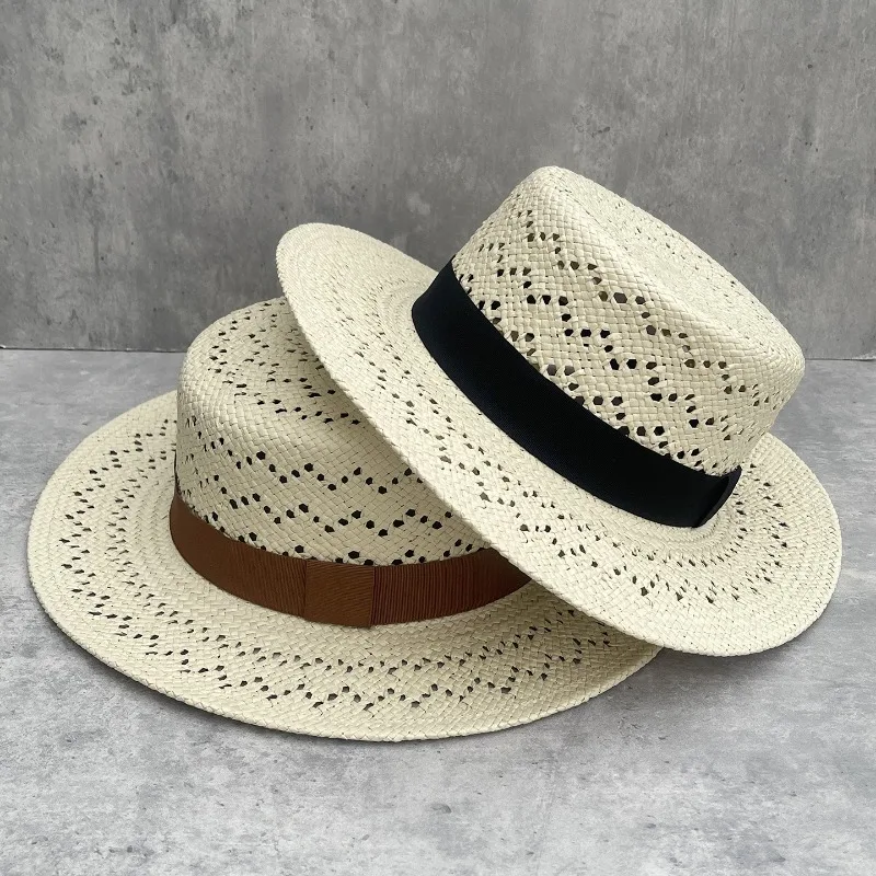 Women's Spring Summer Hollow Woven Flat Top Fedora Hat Slim Face Beach Vacation Sun Cap