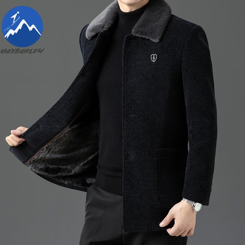 

Maxbarley Winter Warm Woolen Coat Men High-end Fashion Thick Fleece Lined Wool Collar Jacket Casual Warm Chenille Overcoat Man