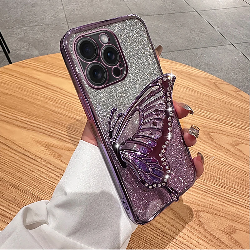 Liquid Sand Butterfly Phone Holder Glitter Case for iPhone 15 Pro Max 14 Plus XR 13 X XS 12 11 7 8 Plus Electroplated Cover Etui