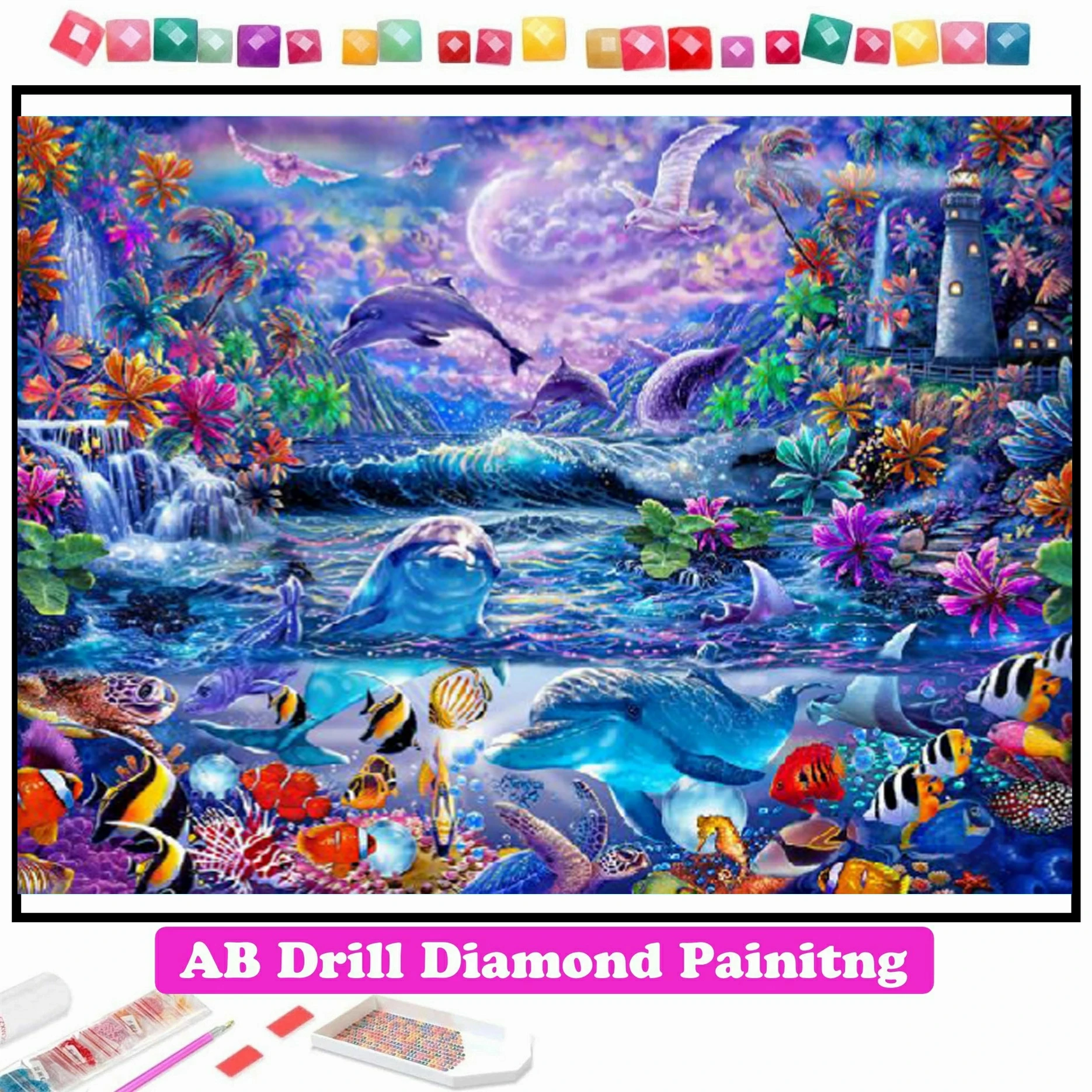 

Diamond Painting AB Drill Sea Home Animals Dolphin Wall Decor 5D DIY Cross Stitch Kit Rhinestone Square Round Mosaic Embroidery