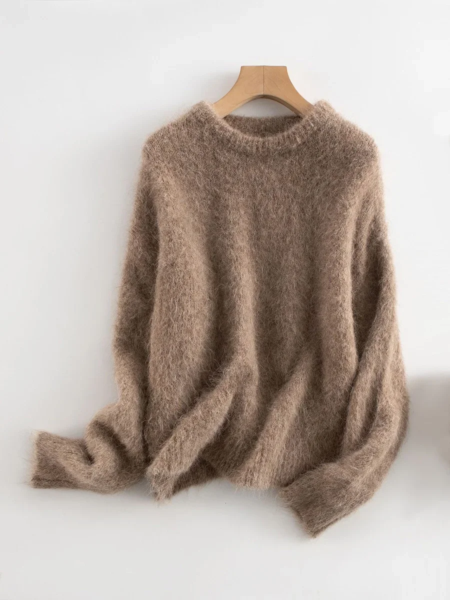 

2025 Fall Winter Top Camel Beige Warm Alpaca Pullovers Woman Dropped Sleeved Loose Sweaters Solid Color Knit Pullovers Top