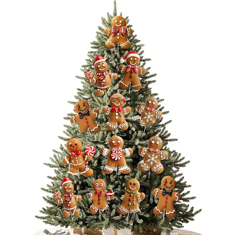 12 pieces of gingerbread man Christmas tree decoration plug-in plastic hollow board with pole Christmas atmosphere props, 2D