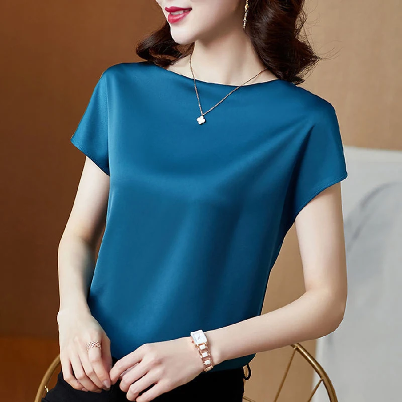 O Neck Lady Satin T Shirt Blouse Spring Women Casual Solid Color Short Sleeve Blouses Shirts Loose Pullover Office Women Clothes
