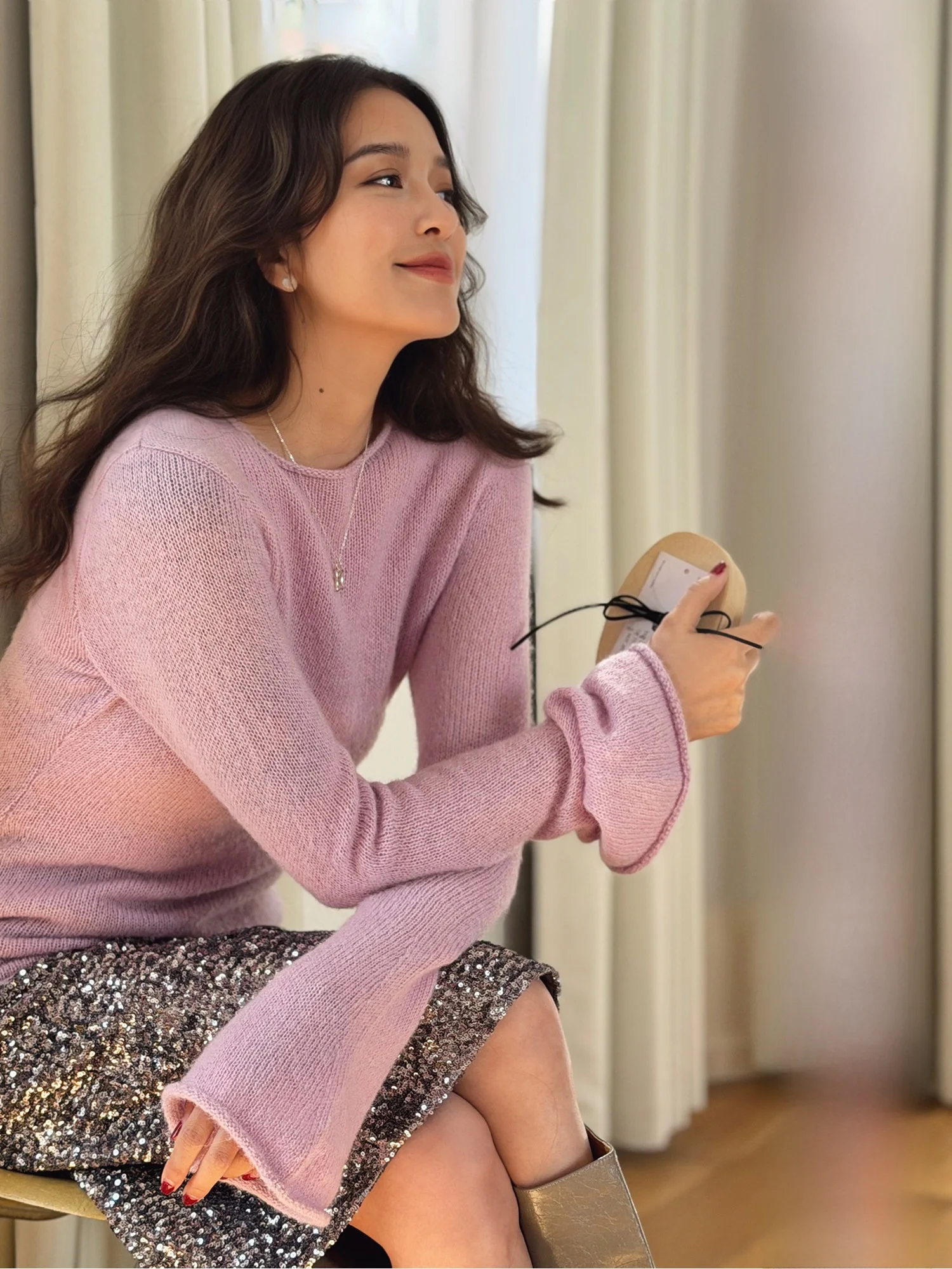 

Elwing Original Ele Knitwear Soft Sle Alpaca Bell Sve Slim Fit Top Faionable Women's Long Sve round Ne Pure C...