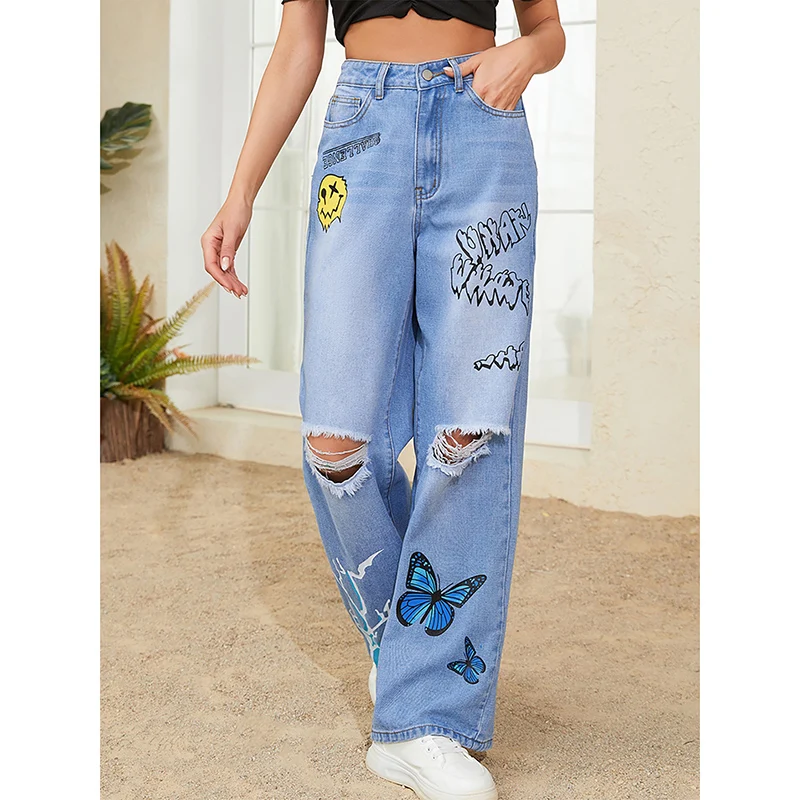 2024 frau Hohe Taille Harajuku Baggy Hosen Weibliche Gothic Breite Bein Jeans Mädchen Mode Punk Hellblau Streetwear Denim Hosen