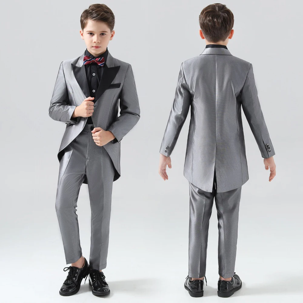 Boy Suits 2 Piece Chic Peak Lapel Satin Wedding Party Tailcoats Elegant One Button Performance Graduation Fashion Kids Clothes