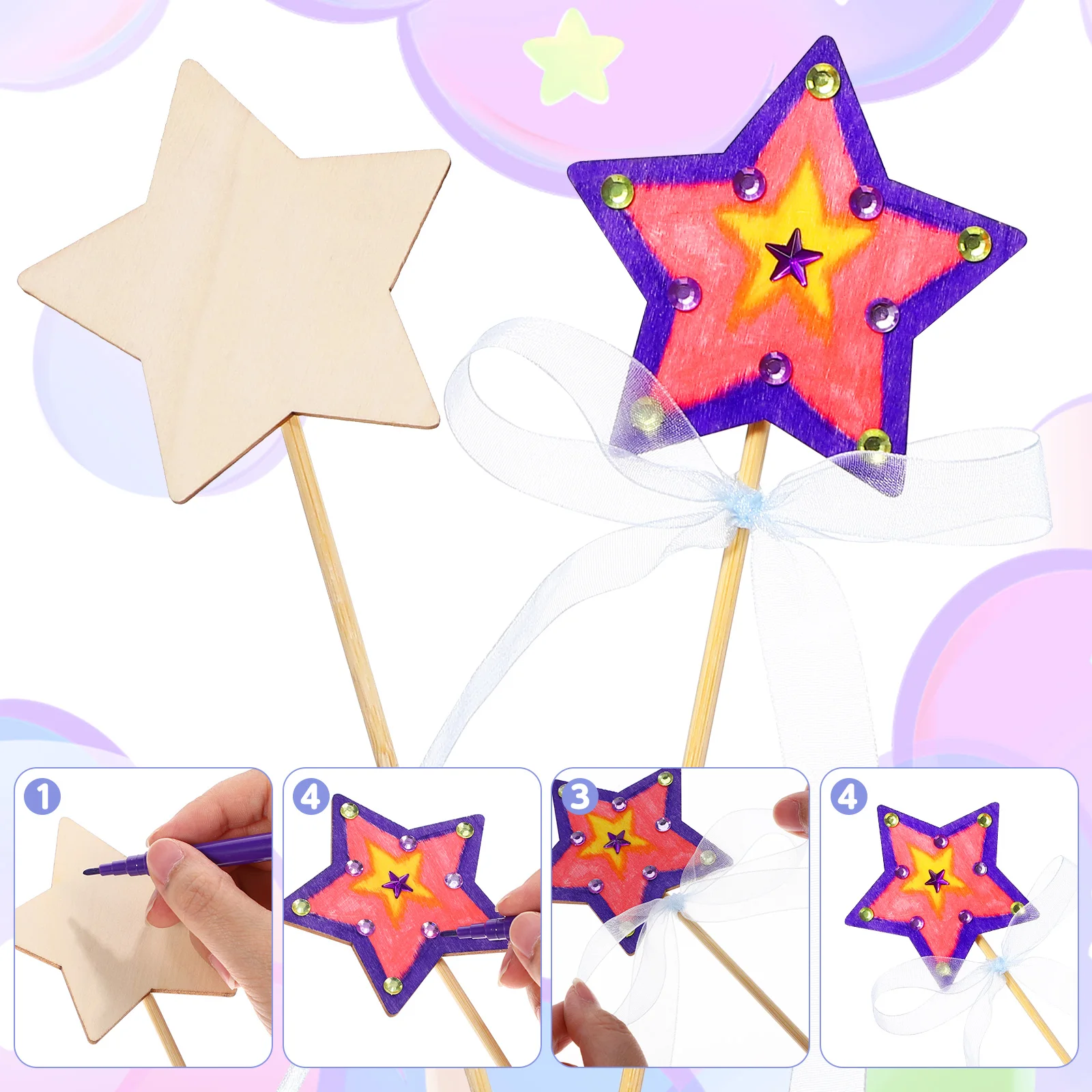 

18pcs Star Wands Craft Kit Fairy 9 Stickers 20 Ribbons 10 Pens Density Board Princess Party Favors Unfinished Wood