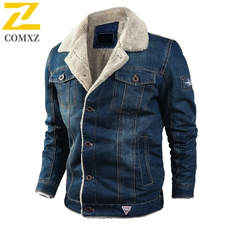 رجل صوف الضأن القطن مبطن الدنيم سترة الخريف الشتاء الصوف سميكة الدافئة شيرلينغ طوق ملابس خارجية الشارع الشهير معطف خمر