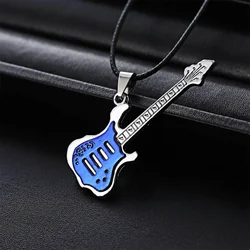 Fashion Stainless Steel Guitar Pendant Necklace For Men Women Retro Punk Rope Chain Musical Instrument Choker Party Jewelry Gift