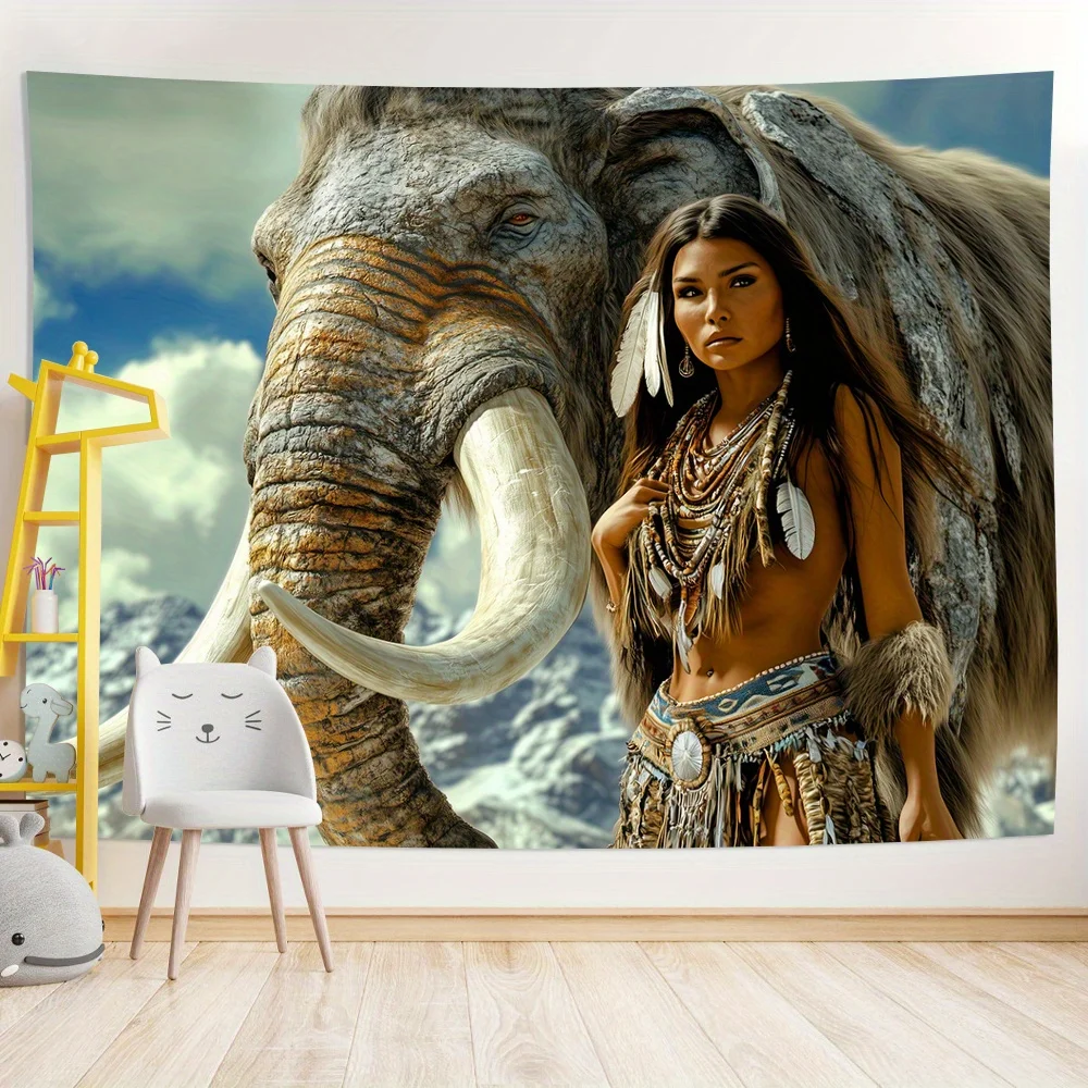 Tribal warrior and mammoth tapestry-retro style polyester wall hanging living room bedroom decoration creative gift