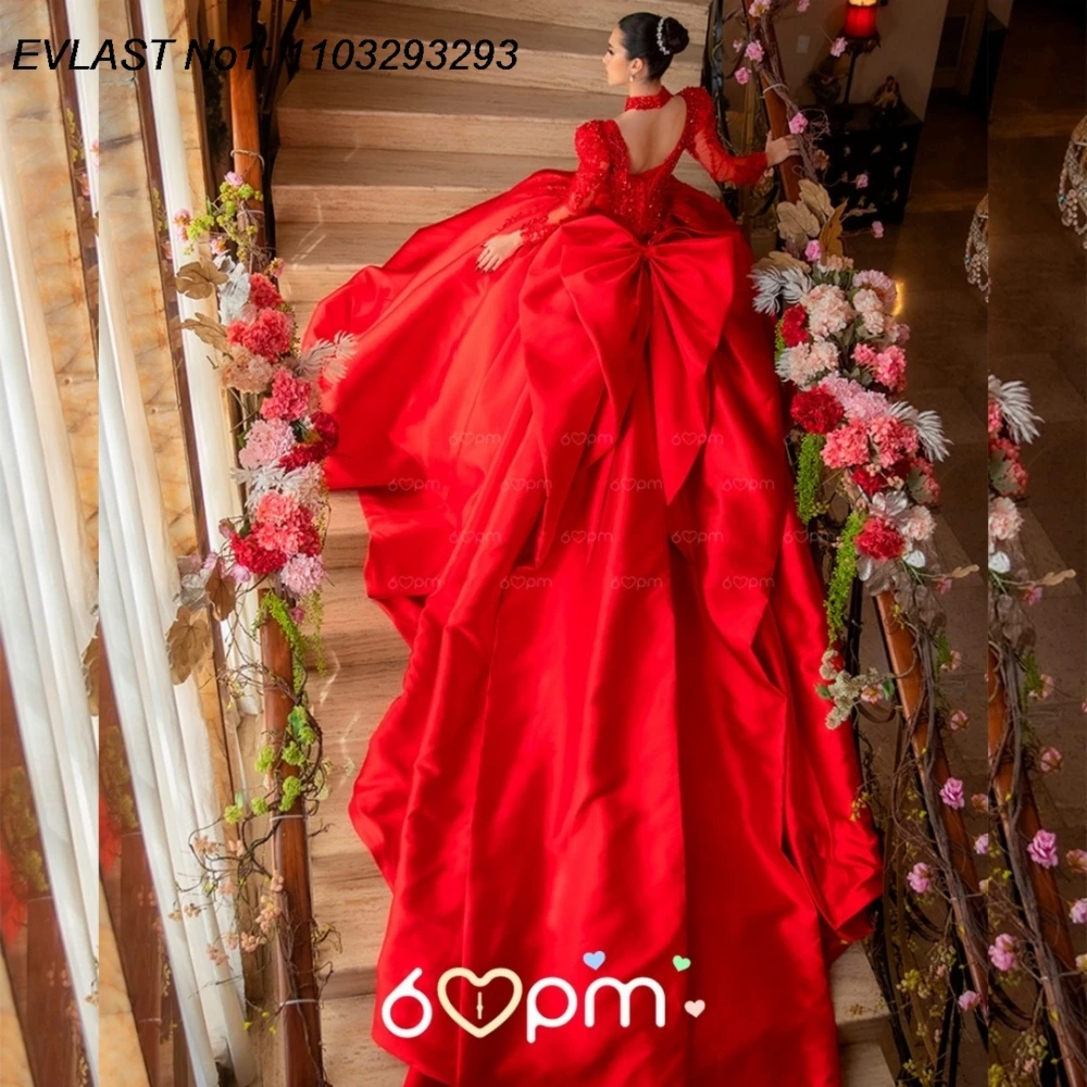 EVLAST カスタマイズされたエレガントな赤いキンセアニェーラドレス、舞踏会用ガウン、長袖、アップリケ、ビーズ刺繍、リボン、スイート16、ベスティドス・デ・15・アノス E1QN508