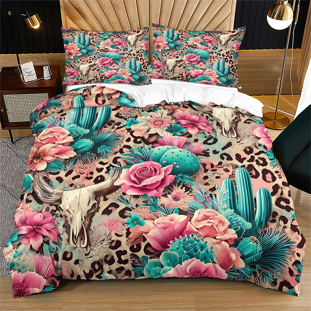 Western Cow Skull Leopard Print Duvet Cover Set Pink Rose Cactus Floral Bedding Set 2/3PCS Boho Country Style Soft Microfiber