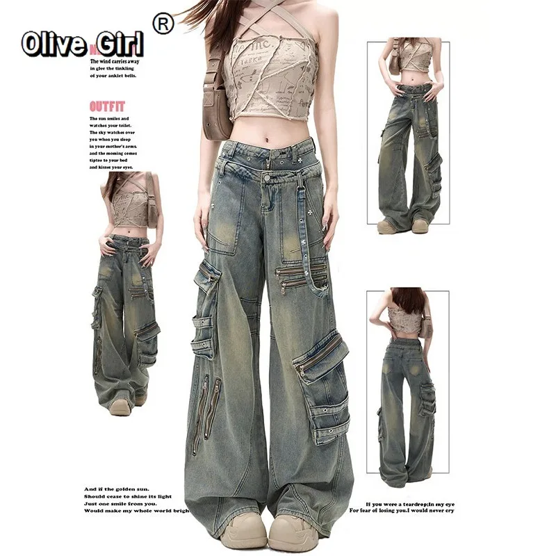

Olivegirl Denim Jeans American Retro Rivet Workwear Pant Women's Trousers Punk Hipjop Loose High Waisted Straight Wide Leg Pants