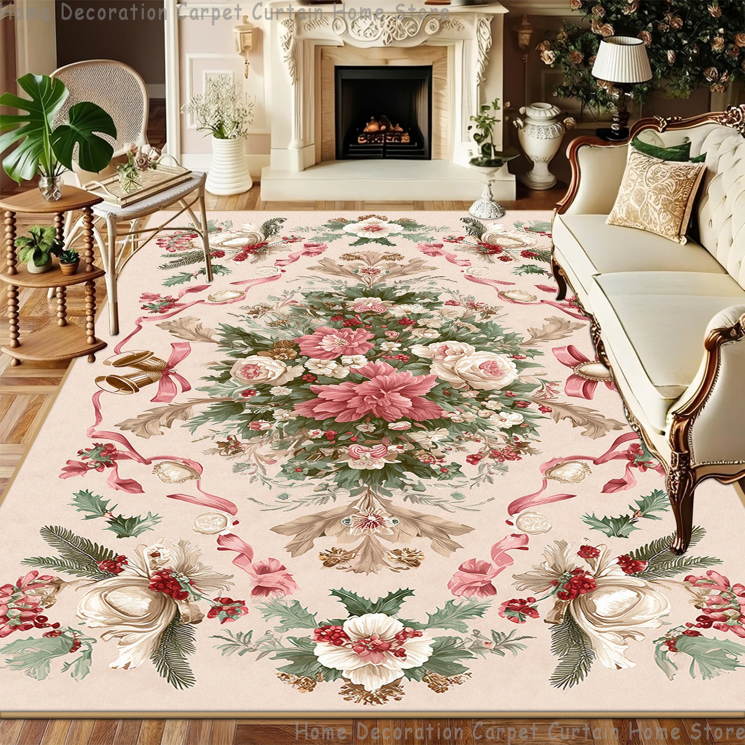 Cream Rtro Christmas Decor Floral Wreath Print Carpet Soft for Living Room Bedroom Large Area Rugs Non‑slip Washable Floor Mats