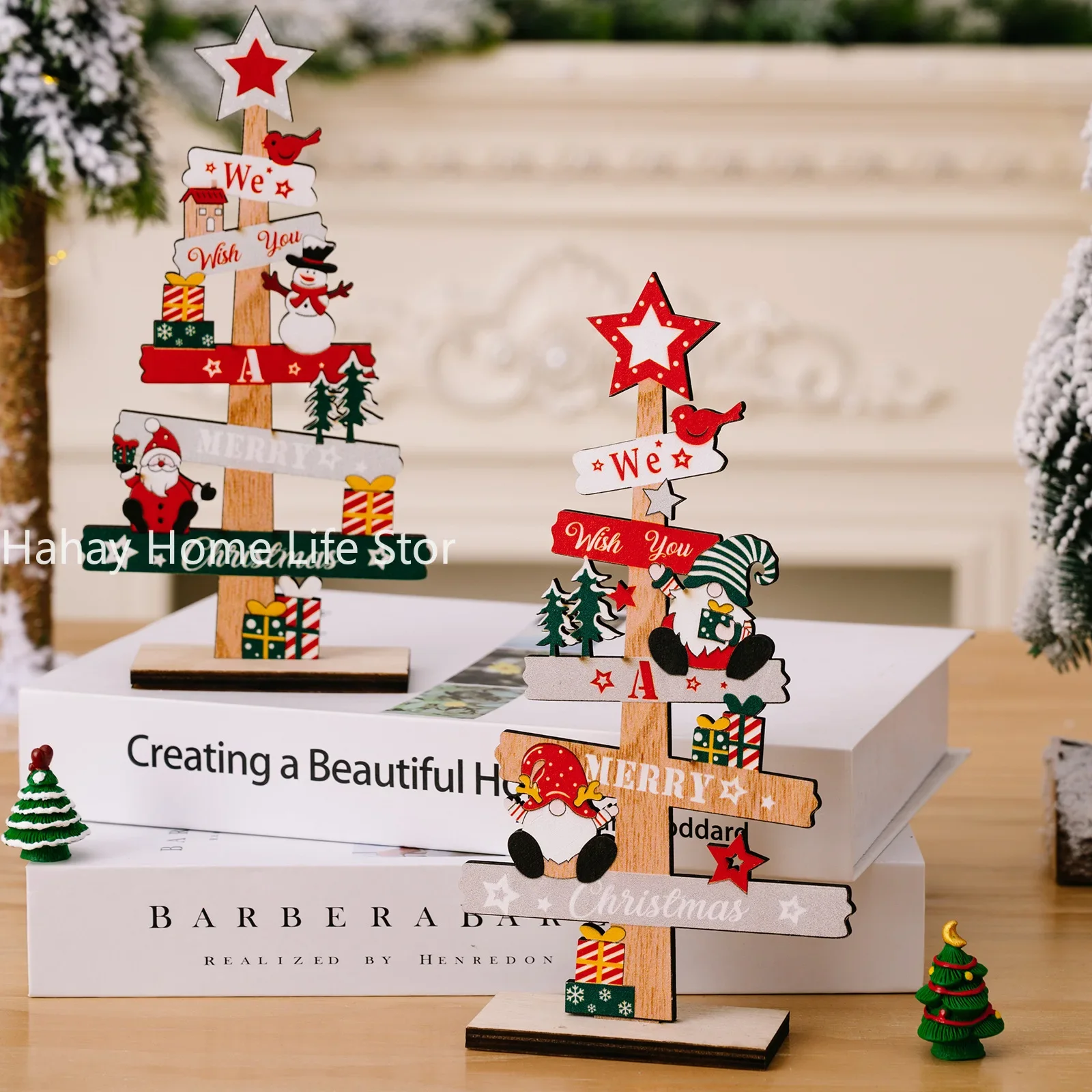 เดสก์ท็อปต้นคริสต์มาสSanta Claus DIYตกแต่งไม้คริสต์มาสป้ายแผ่น2025 New Years PartyของขวัญXmasตกแต่ง