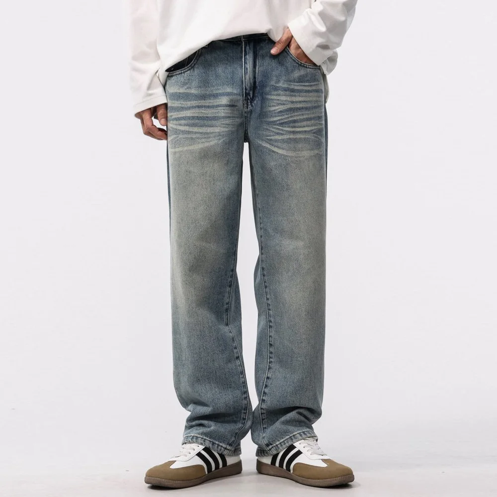 

Retro Blue Washed Jeans Men Streetwear Fashion Loose Casual Classic Wide Leg Straight Denim Jeans Pants Male Jeans Trousers