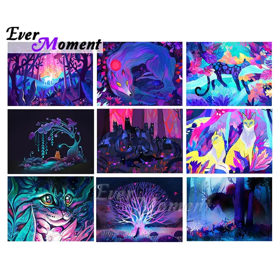 

Алмазная картина Ever Moment, вышивка крестиком, украшение комнаты, красочное животное, волк, леопард, кошка, фэнтези, фиолетовый, сделай сам, ASF2336