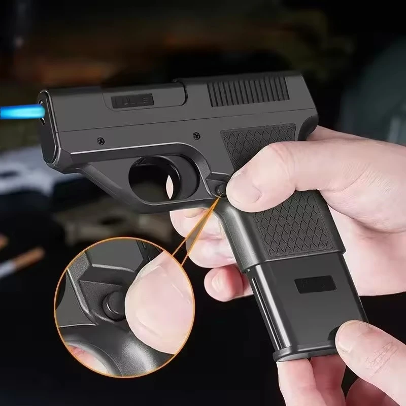 2026 Clip Gun Type Butane Gas Lighter Windproof Jet Blue Flame Cigarette Holder Three Capacity Men's Gift (No Gas)