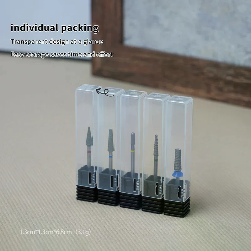 10 pezzi di punte per trapano per unghie, scatola per tubi di stoccaggio, tubo singolo, testa per molatura delle unghie, supporto per display, supporto per prevenzione caduta, strumento antipolvere
