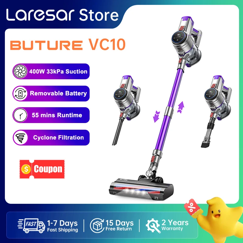 Buture VC10 Cordless Vacuum Cleaner 400W 33kPa 55mins Powerful Suction Wireless Upright Vertical, Home Floor Carpet Car Cleaning