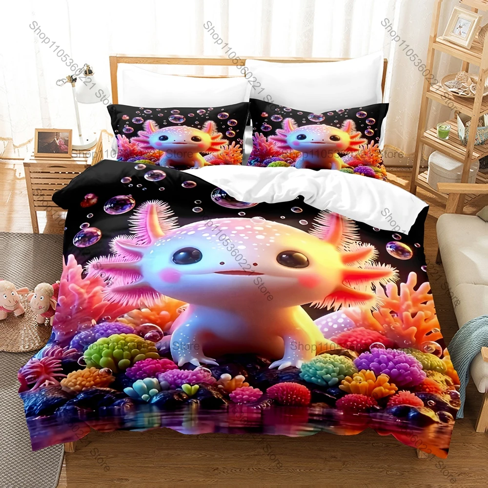 Novo Conjunto de Cama 3 Peças com Estampa Adorável de Axolote 2026, Capa de Edredom Macia e Lavável para Quarto Infantil, Dormitório e Casa - Têxtil Doméstico