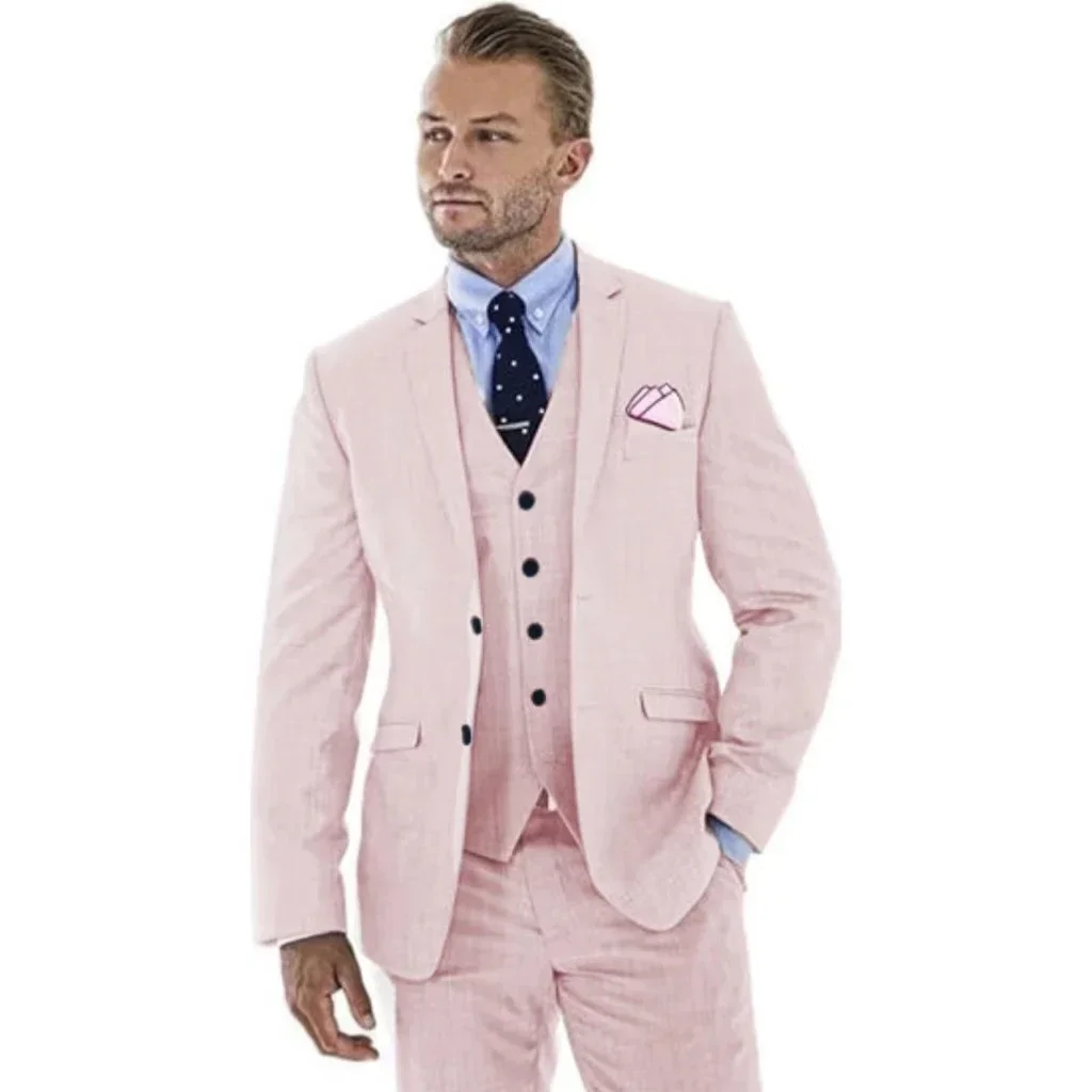

Men's 3 Piece Slim Fit Linen Suit Casual Blazer Vest And Pants Set Groomsmen Tuxedo Summer Beach Wedding Attire