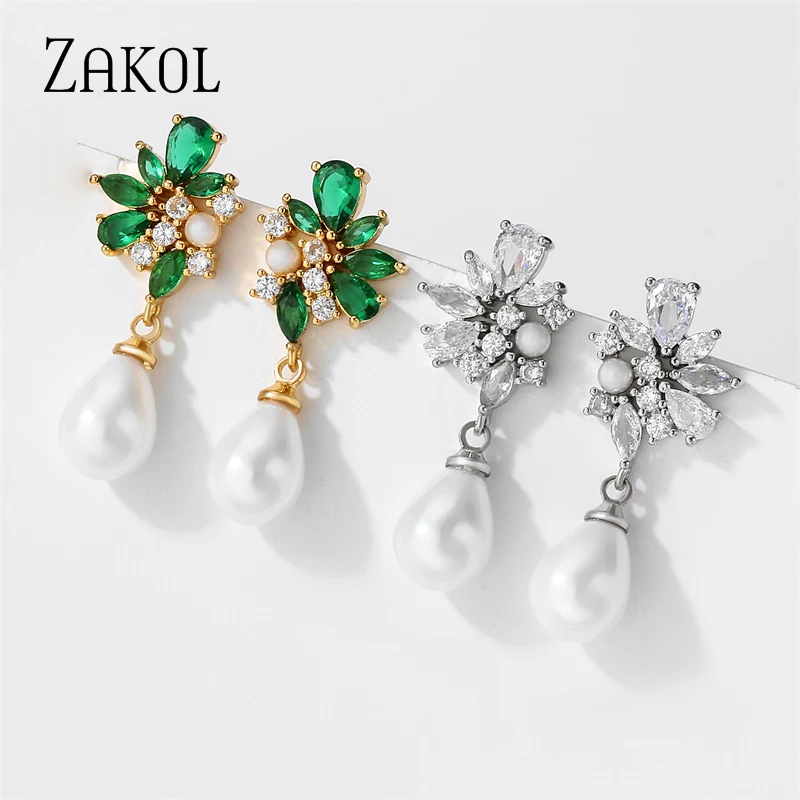 ZAKOL Fashion Green Cubic Zirconia Leaf Earrings for Women Elegant Imitation Pearl Girls Ear Party Wedding Jewelry Accessories